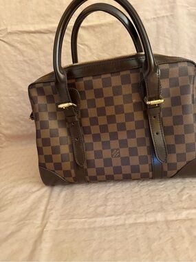 Beautiful Brown Checkered Satchel with Gold Hardware